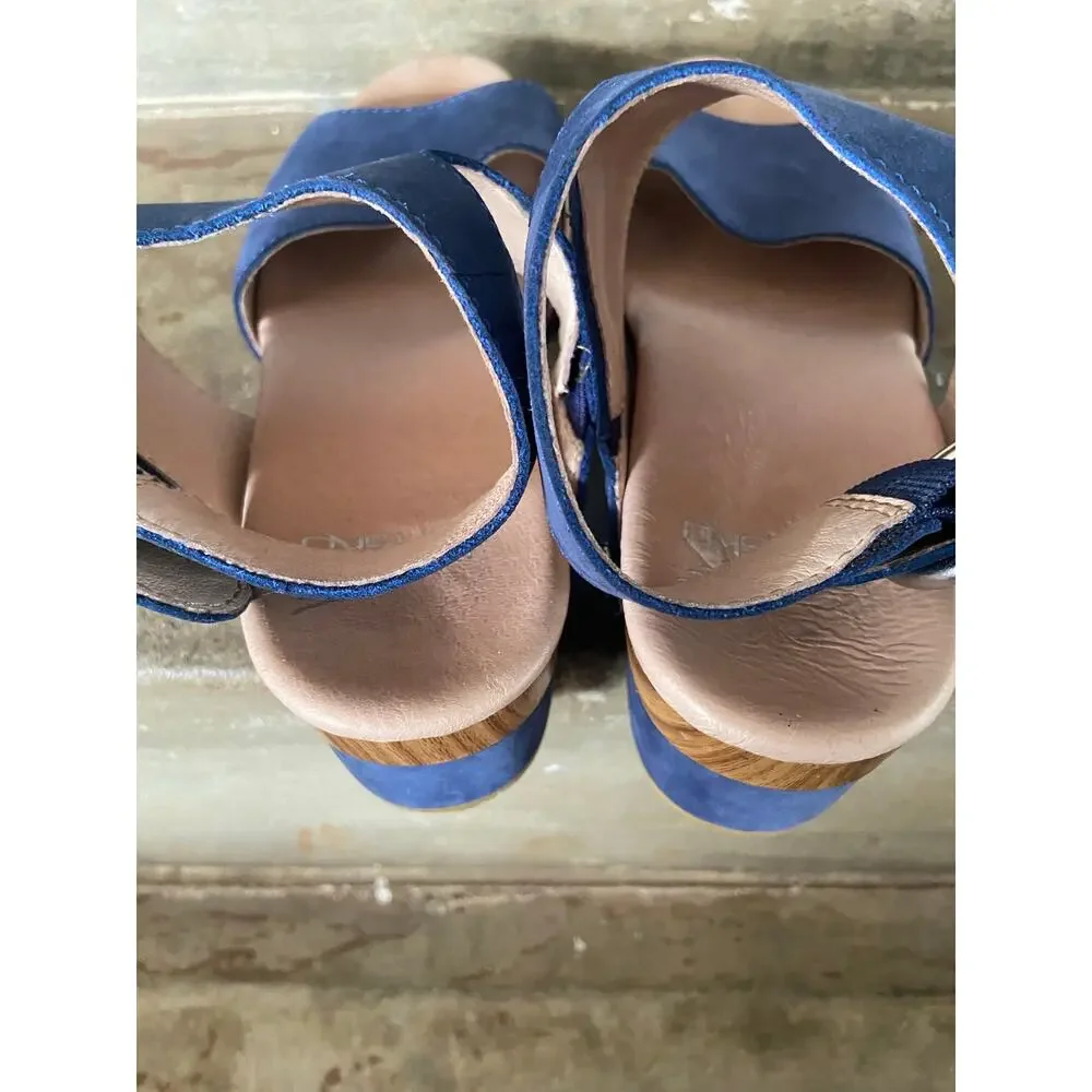 Dansko Minka navy blue nubuck leather ankle strap platform sandal w/ block heel
